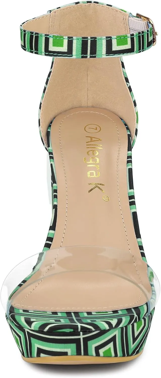 Allegra K Women's Printed Clear Platform Chunky Heel Sandals