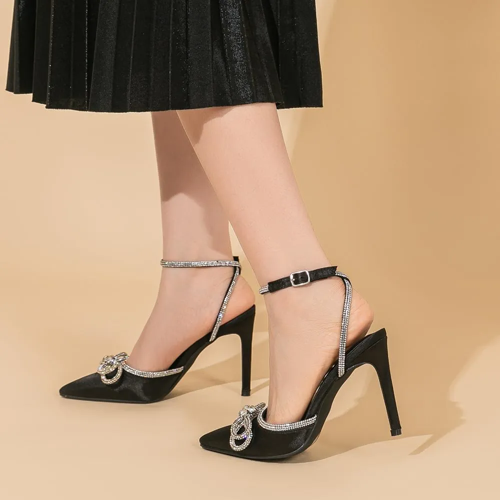 Amoji Women's Stilettos Rhinestone High Heels 4'' Pumps Ankle Strappy for Wedding Party Dressing Dress Shoes 308