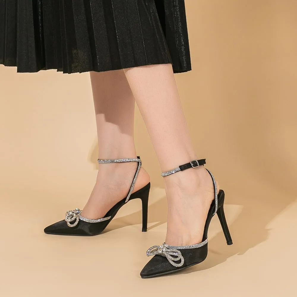 Amoji Women's Stilettos Rhinestone High Heels 4'' Pumps Ankle Strappy for Wedding Party Dressing Dress Shoes 308