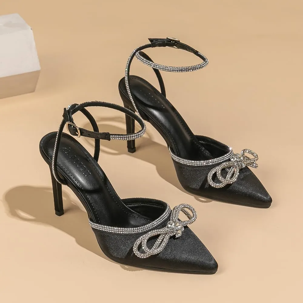 Amoji Women's Stilettos Rhinestone High Heels 4'' Pumps Ankle Strappy for Wedding Party Dressing Dress Shoes 308
