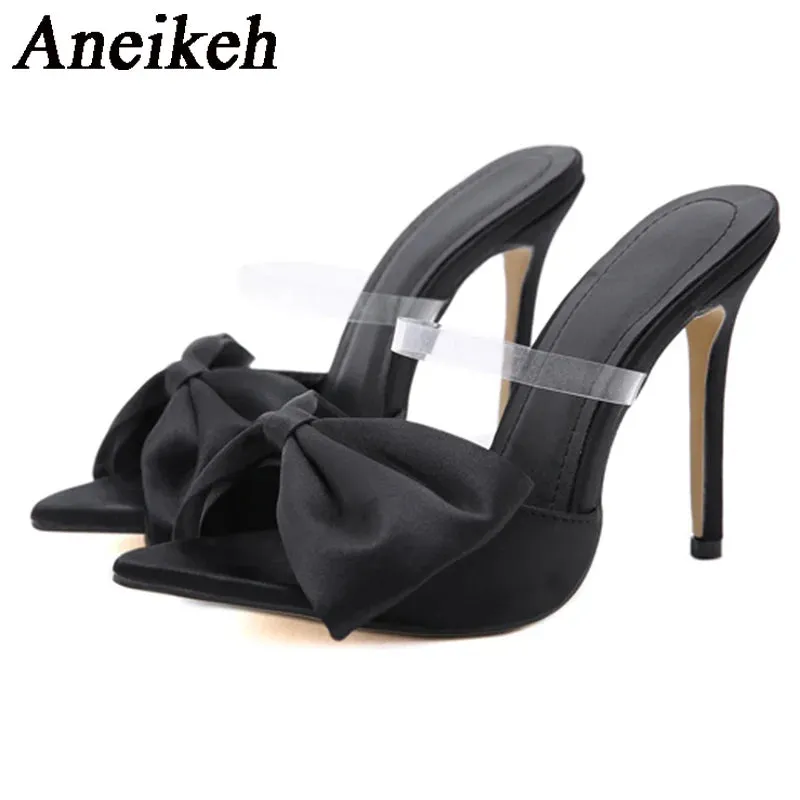 Aneikeh Summer Silk Butterfly-Knot Mule High Heels Women's sandal Pumps 2024 Sexy Pointed Toe Slingbacks Ladies Party Shoe 35-42