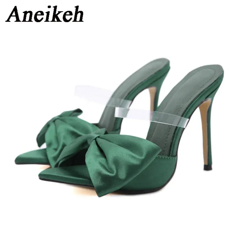 Aneikeh Summer Silk Butterfly-Knot Mule High Heels Women's sandal Pumps 2024 Sexy Pointed Toe Slingbacks Ladies Party Shoe 35-42
