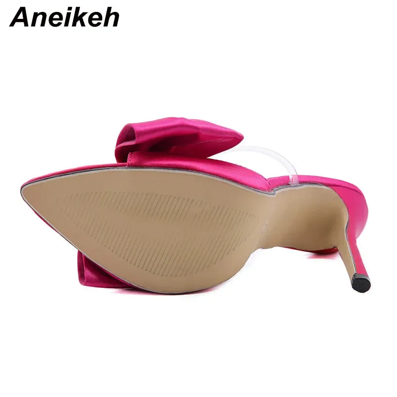 Aneikeh Summer Silk Butterfly-Knot Mule High Heels Women's sandal Pumps 2024 Sexy Pointed Toe Slingbacks Ladies Party Shoe 35-42