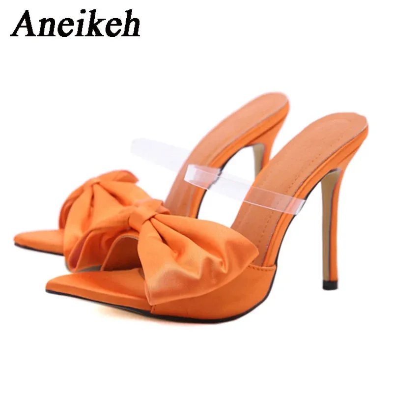 Aneikeh Summer Silk Butterfly-Knot Mule High Heels Women's sandal Pumps 2024 Sexy Pointed Toe Slingbacks Ladies Party Shoe 35-42