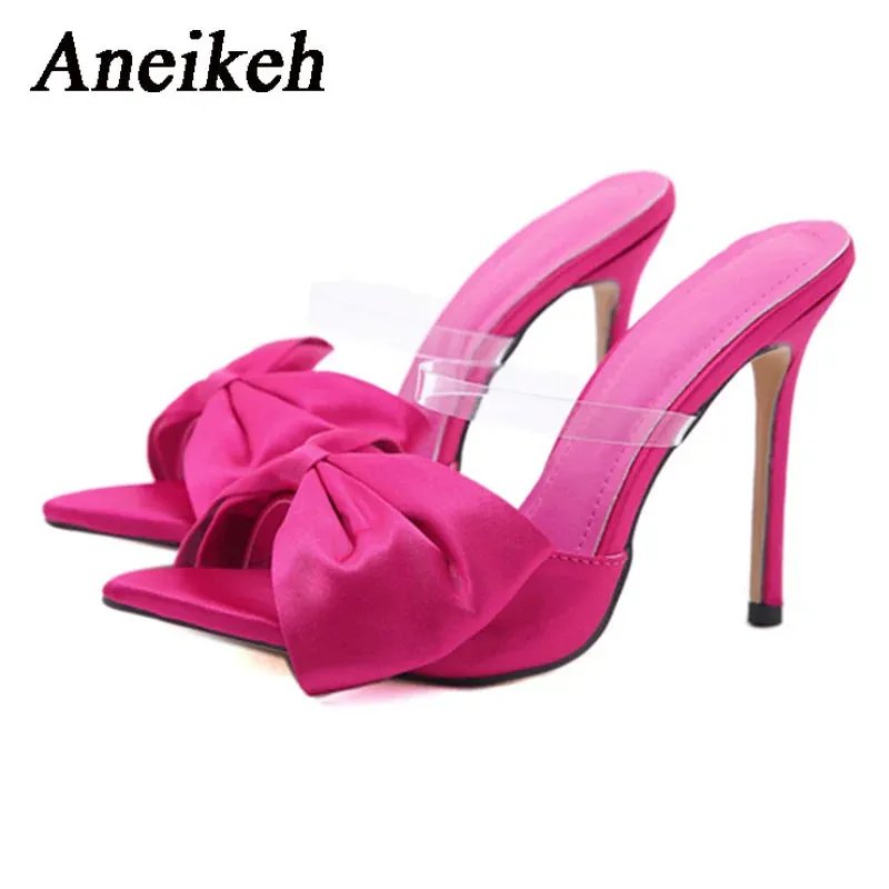 Aneikeh Summer Silk Butterfly-Knot Mule High Heels Women's sandal Pumps 2024 Sexy Pointed Toe Slingbacks Ladies Party Shoe 35-42