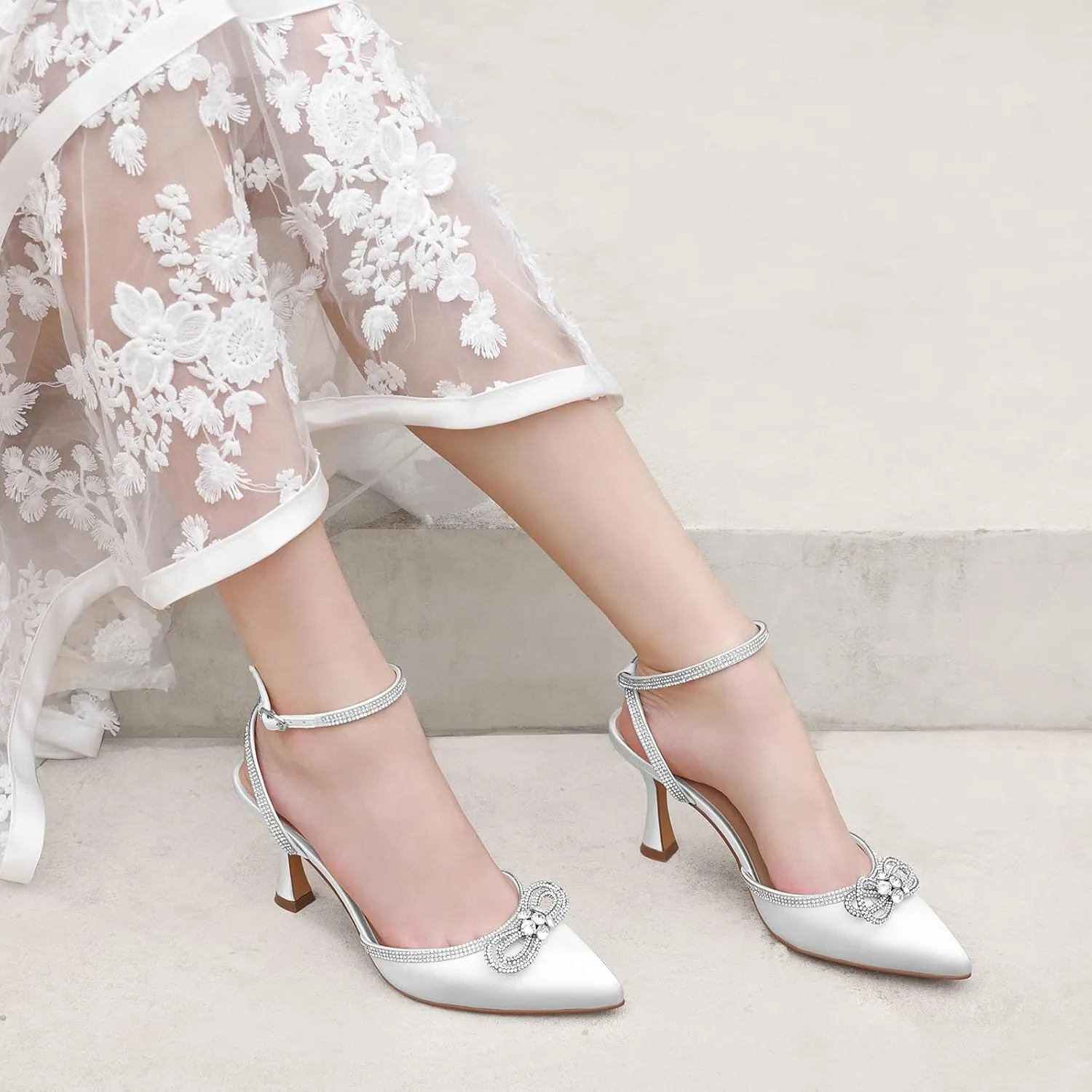 Ankis Women's Rhinestone Bow Heels Closed Toe Pumps Strappy Heels for Women