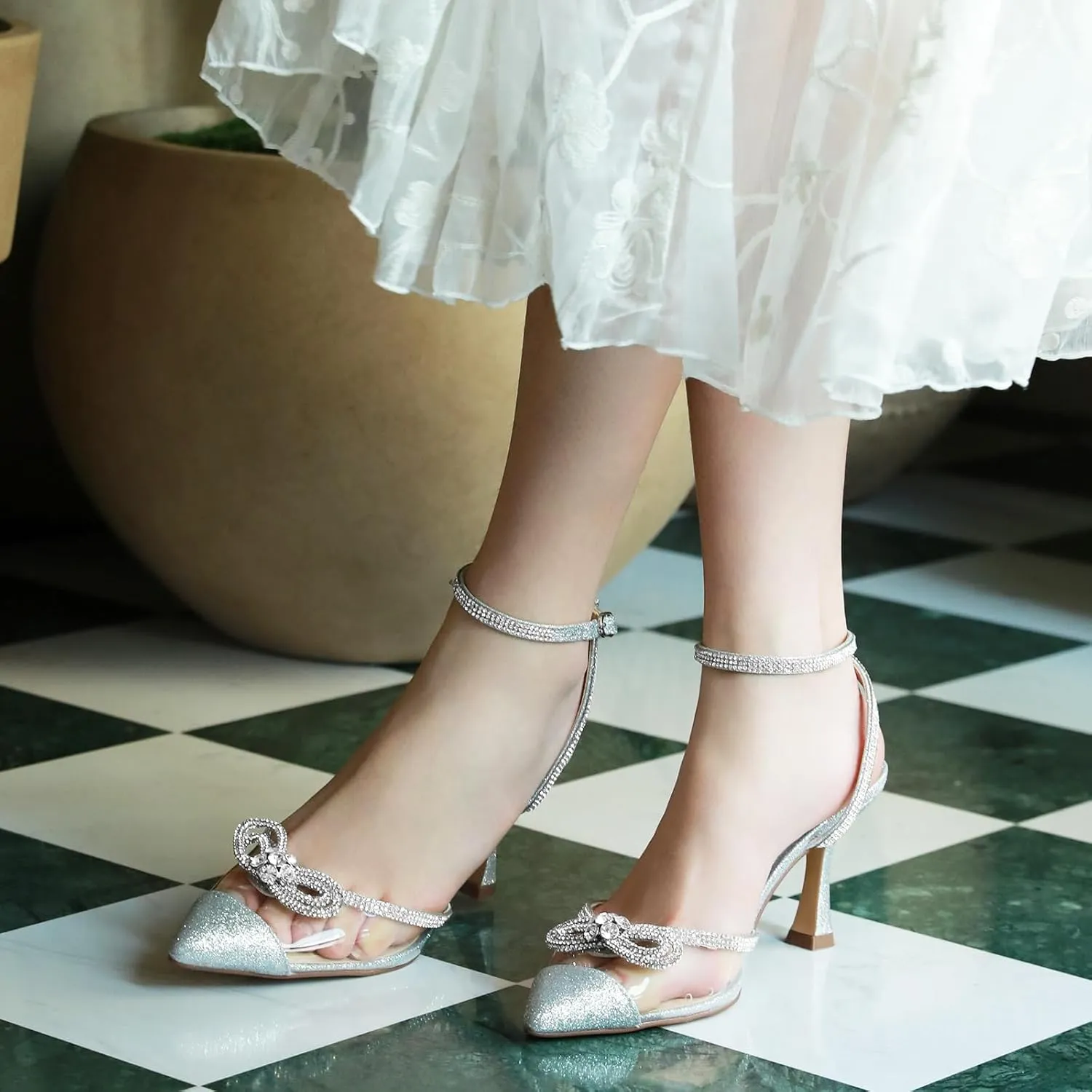 Ankis Women's Rhinestone Bow Heels Closed Toe Pumps Strappy Heels for Women
