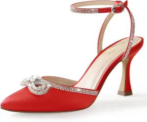 Ankis Women's Rhinestone Bow Heels Closed Toe Pumps Strappy Heels for Women