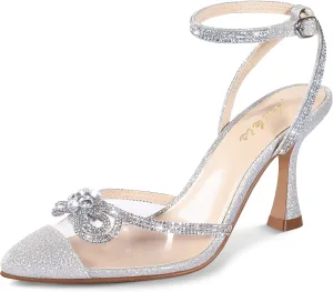 Ankis Women's Rhinestone Bow Heels Closed Toe Pumps Strappy Heels for Women