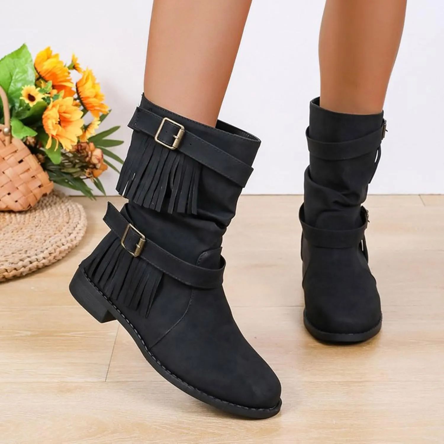 Ankle Boots for Women Casual Fringe Suede Boho Boots Vintage Round Toe Low Heel Mid Calf Boots Tassel Fall Winter Fashion Short Dress Boots
