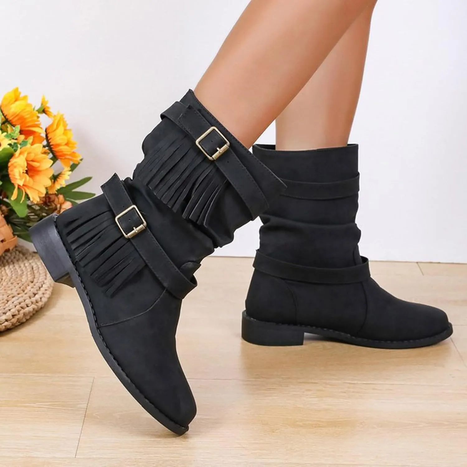 Ankle Boots for Women Casual Fringe Suede Boho Boots Vintage Round Toe Low Heel Mid Calf Boots Tassel Fall Winter Fashion Short Dress Boots