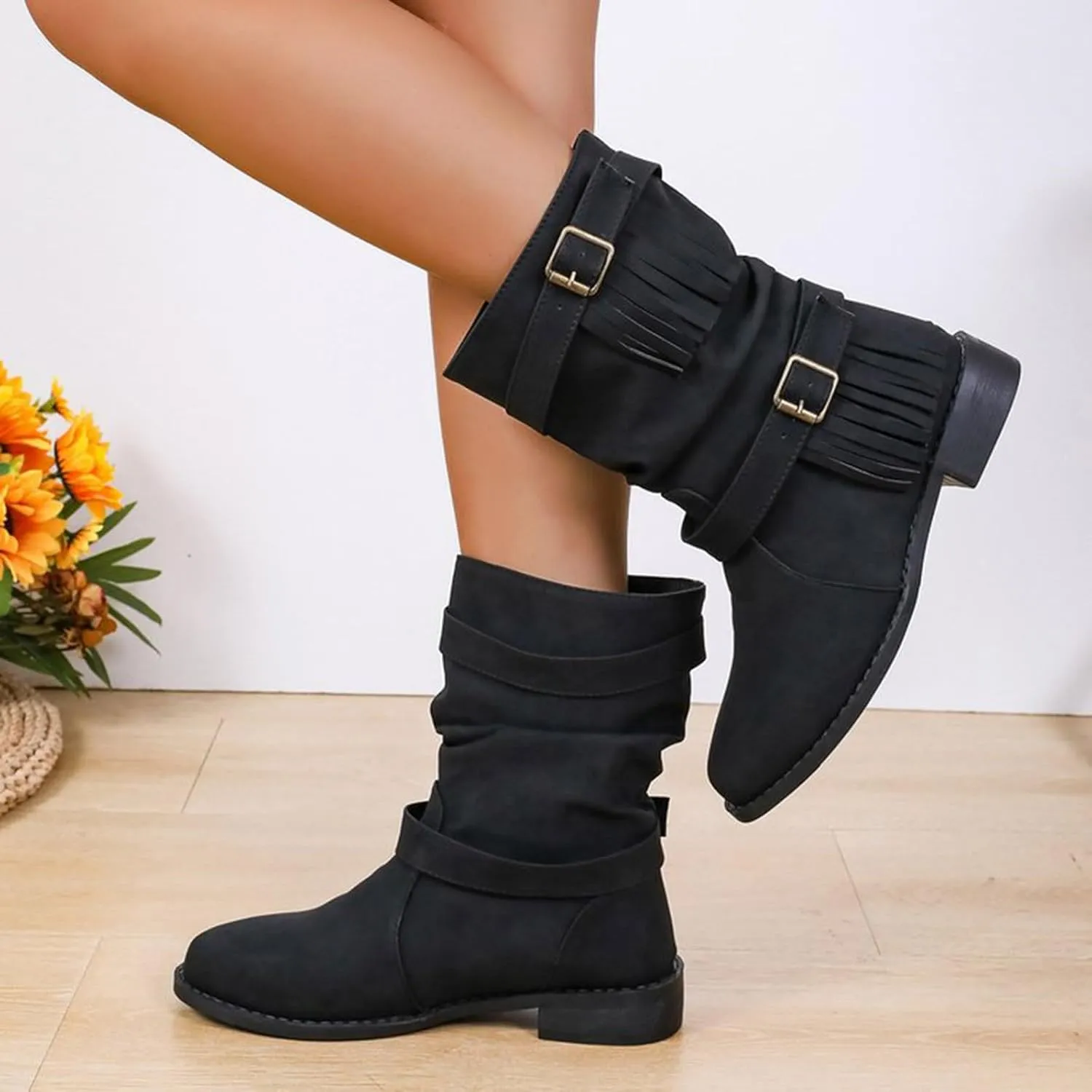 Ankle Boots for Women Casual Fringe Suede Boho Boots Vintage Round Toe Low Heel Mid Calf Boots Tassel Fall Winter Fashion Short Dress Boots