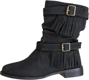 Ankle Boots for Women Casual Fringe Suede Boho Boots Vintage Round Toe Low Heel Mid Calf Boots Tassel Fall Winter Fashion Short Dress Boots
