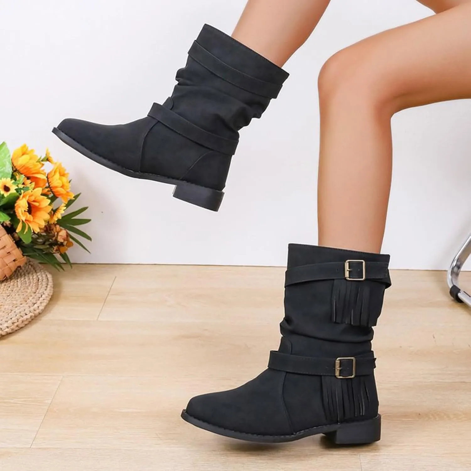 Ankle Boots for Women Casual Fringe Suede Boho Boots Vintage Round Toe Low Heel Mid Calf Boots Tassel Fall Winter Fashion Short Dress Boots
