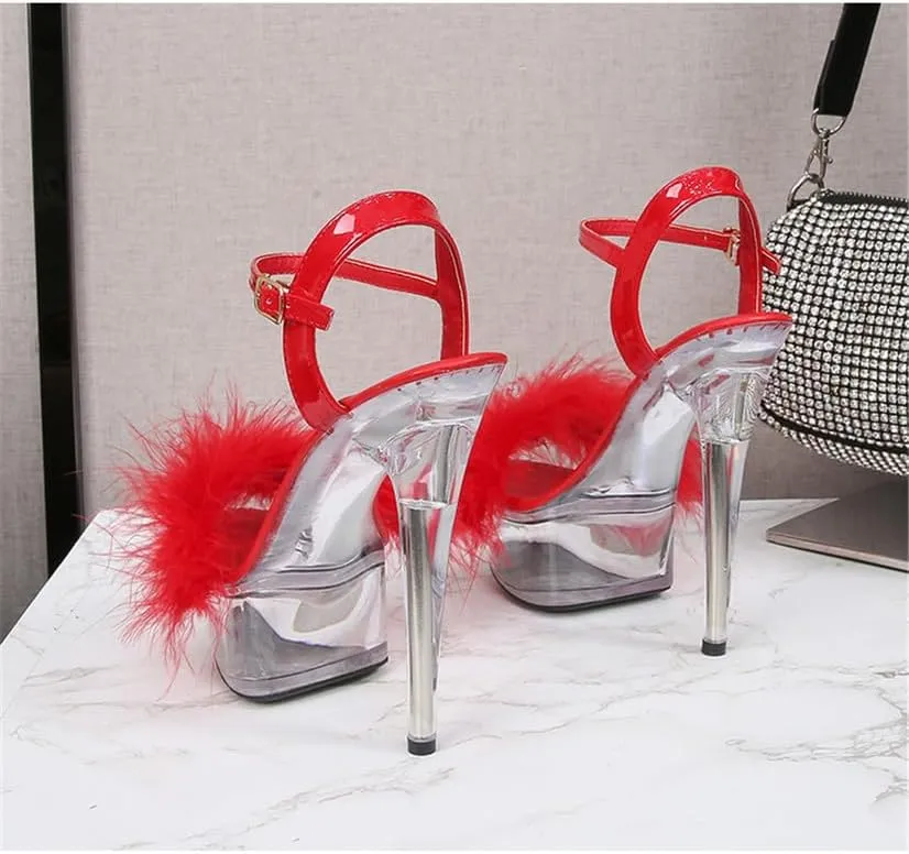Ankle Strap Clear Platform Furry Sandals Heels Stiletto
