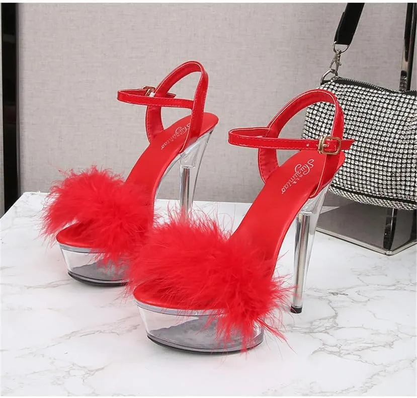 Ankle Strap Clear Platform Furry Sandals Heels Stiletto