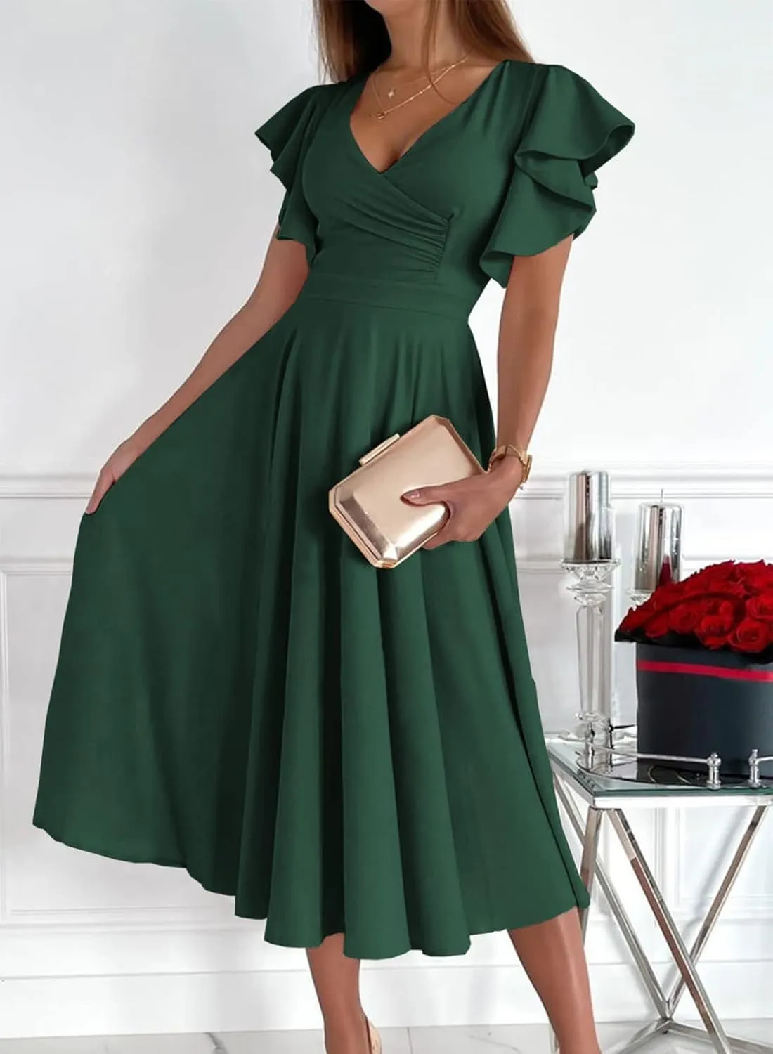 Asvivid Wedding Guest Dresses for Women 2023 Summer V Neck Midi Rehearsal Dinner Long Dress