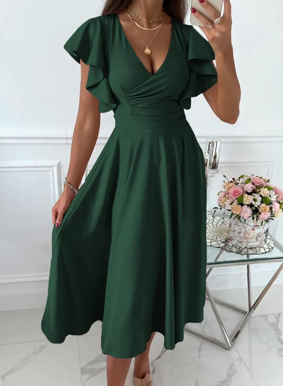 Asvivid Wedding Guest Dresses for Women 2023 Summer V Neck Midi Rehearsal Dinner Long Dress