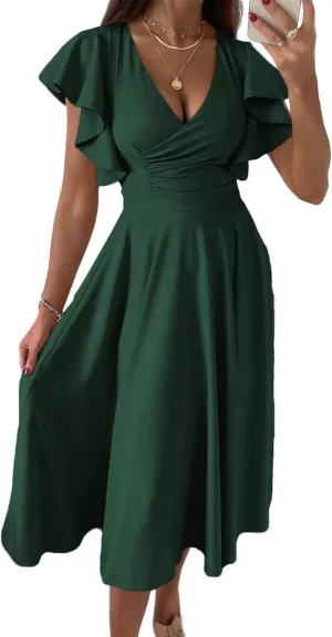 Asvivid Wedding Guest Dresses for Women 2023 Summer V Neck Midi Rehearsal Dinner Long Dress