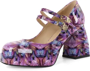 AUMOTED Women's Chunky Heels Platform Mary Janes Shoes Square Toe Pumps Patent Leather Block High Heel Dress Shoes 3.5 Inch