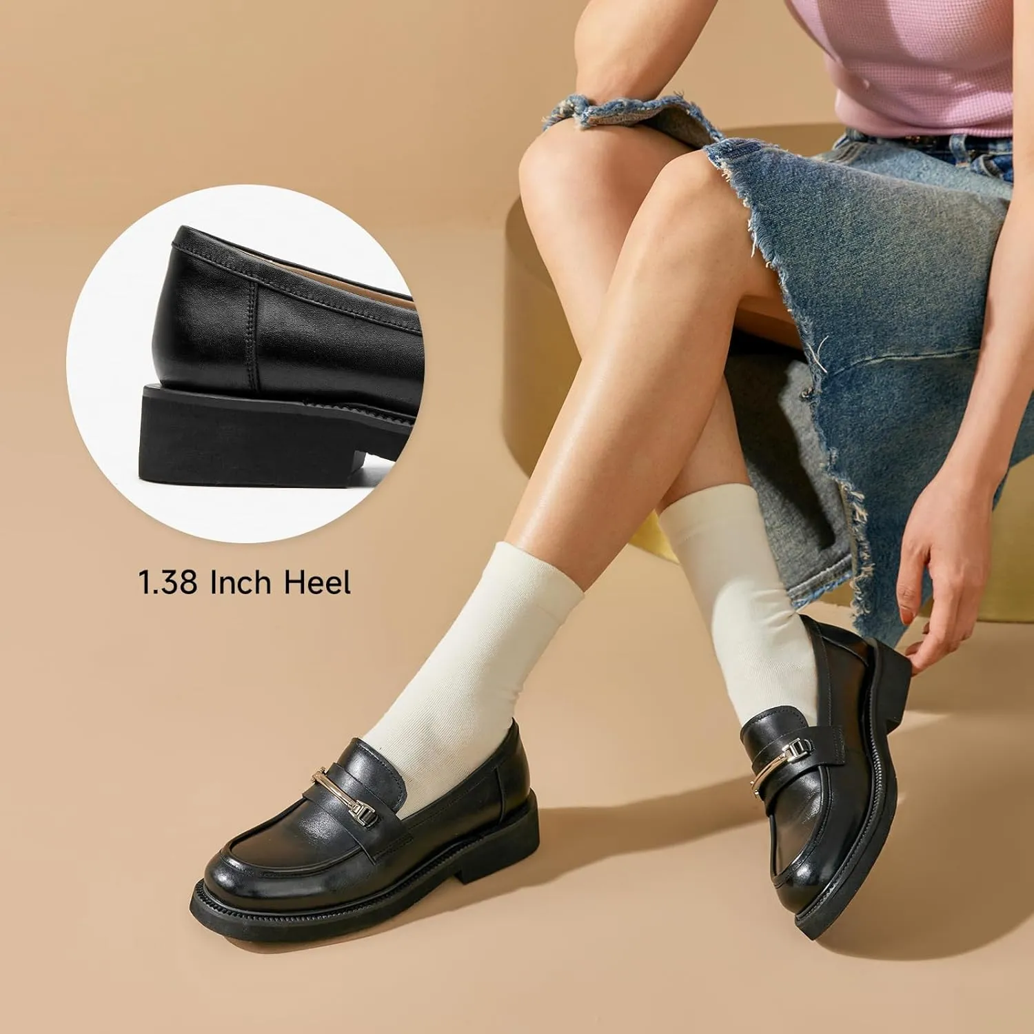 BEAU TODAY Platform Loafers for Women, Chunky Leather Loafers Women, Women’s Slip-on Comfortable Business Casual Round Toe Office Walking Ladies Shoes
