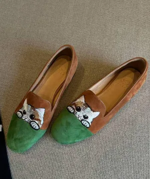Beautiful Splicing Penny Loafers Brown Suede Embroidered