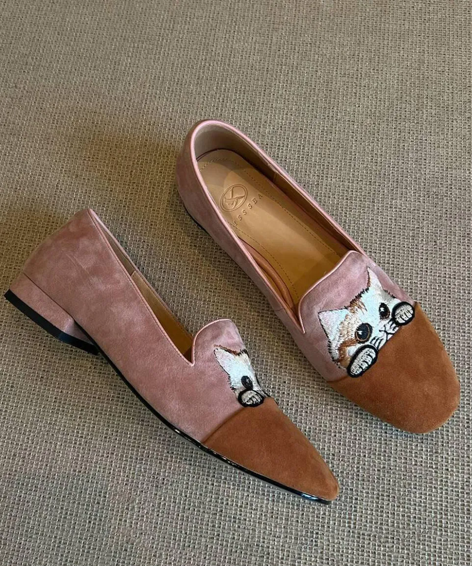 Beautiful Splicing Penny Loafers Brown Suede Embroidered