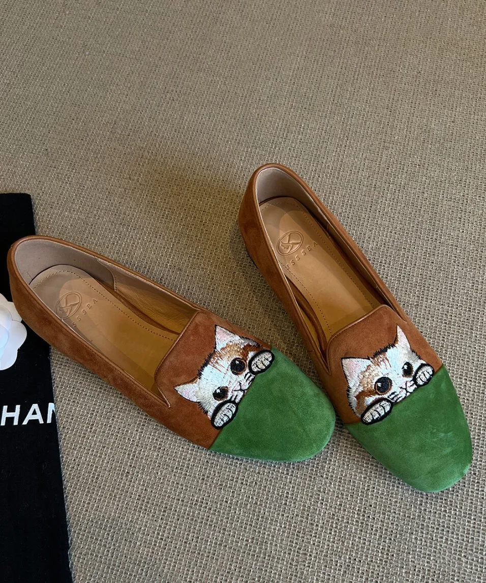 Beautiful Splicing Penny Loafers Brown Suede Embroidered