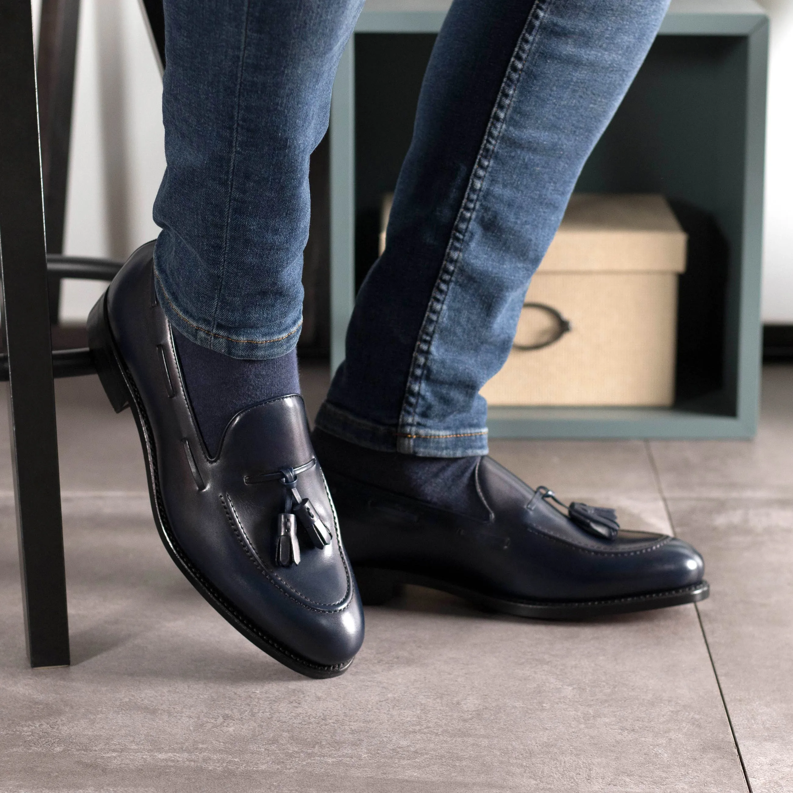 Bespoke Navy Blue Tassel Loafers