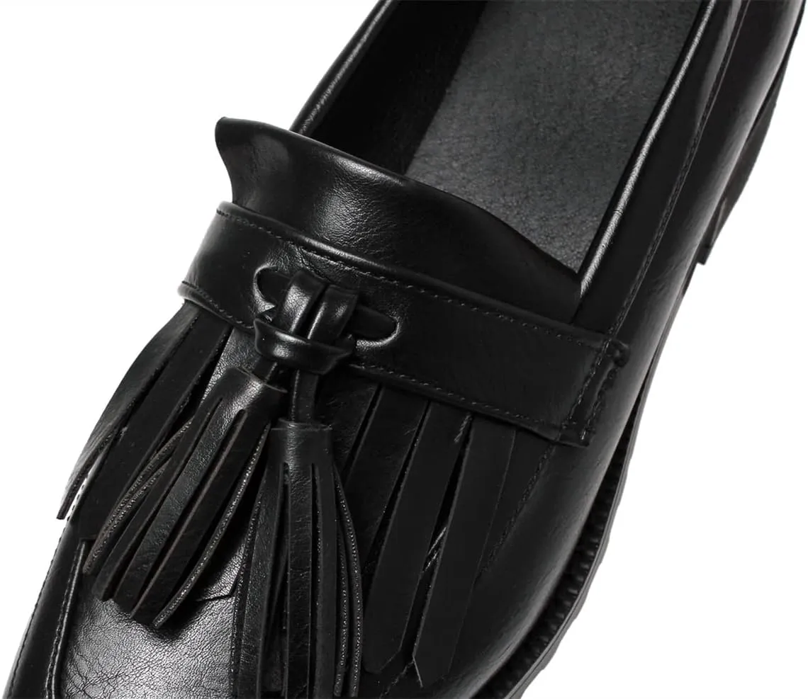 Betastella Women's Low Heel Tassel Loafers Chunky Pull On Square Toe Pumps
