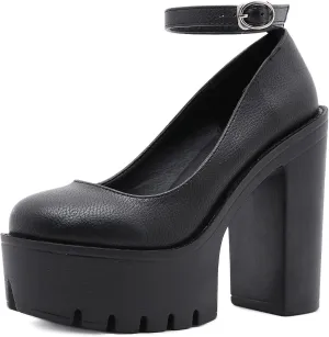 Black Heels for Women Platform Shoes with Block Heel Pumps Adjustable Ankle Strap Closed Toe Mary Janes Shoes Party Nightclub Footwear Gothic Punk Style