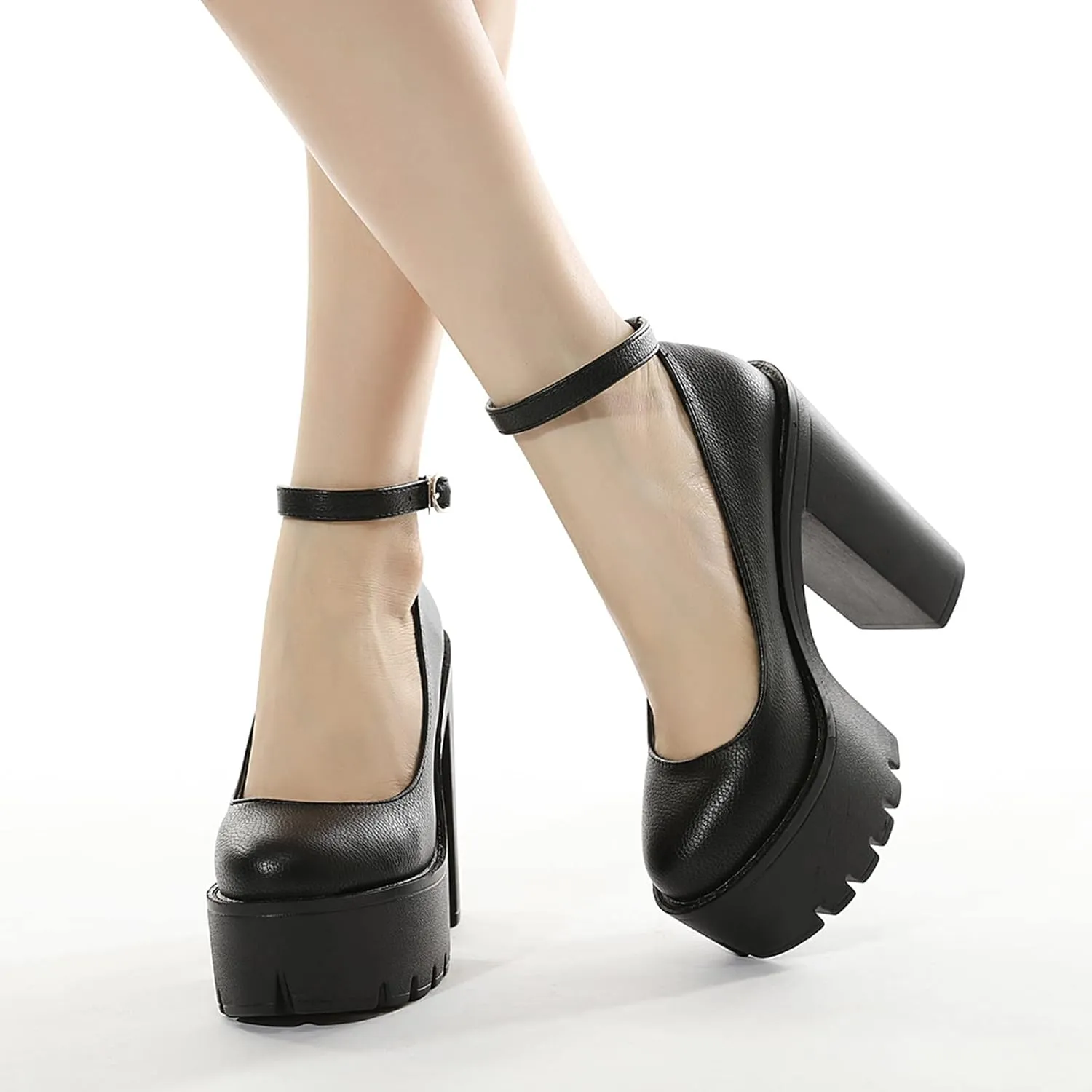 Black Heels for Women Platform Shoes with Block Heel Pumps Adjustable Ankle Strap Closed Toe Mary Janes Shoes Party Nightclub Footwear Gothic Punk Style