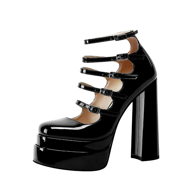 Black Strappy Double Platform Block Heels