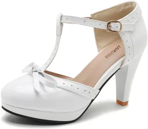 Bow Mary Janes for Women Platform T Strap Heels Chunky Closed Toe Ankle Strap Vintage Heels Party Cute Lolita 1950 Dress Pumps Retro Church Shoes US 10 White