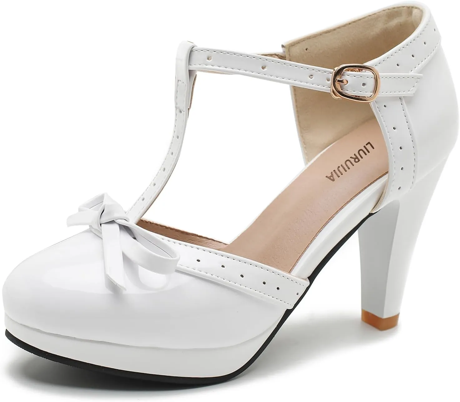 Bow Mary Janes for Women Platform T Strap Heels Chunky Closed Toe Ankle Strap Vintage Heels Party Cute Lolita 1950 Dress Pumps Retro Church Shoes US 10 White