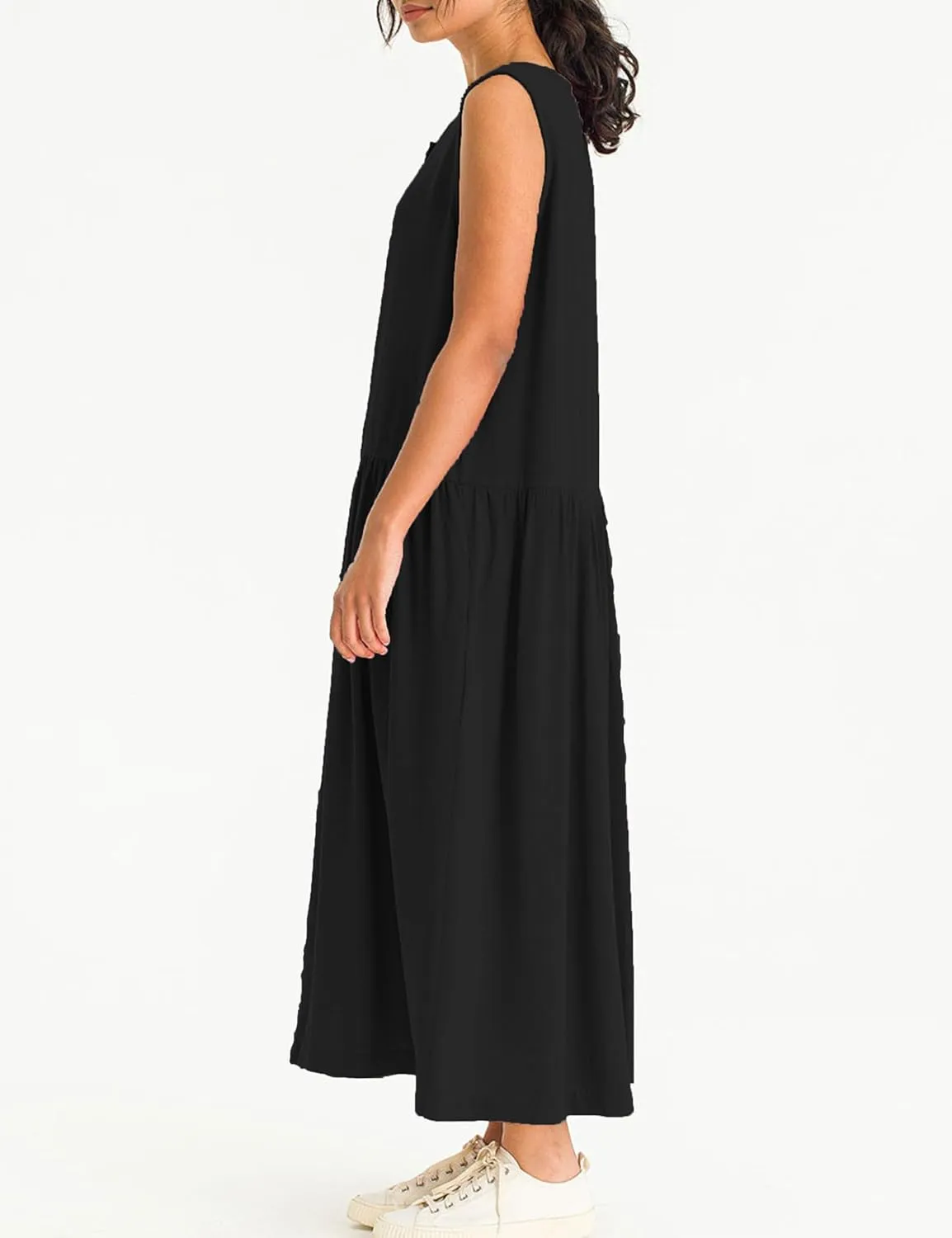 Bozanly Summer Sleeveless Maxi Dress for Women Button Down Midi Dresses with Pockets Solid Color Loose Flowy Beach Dress