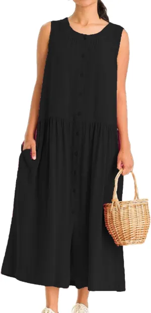 Bozanly Summer Sleeveless Maxi Dress for Women Button Down Midi Dresses with Pockets Solid Color Loose Flowy Beach Dress