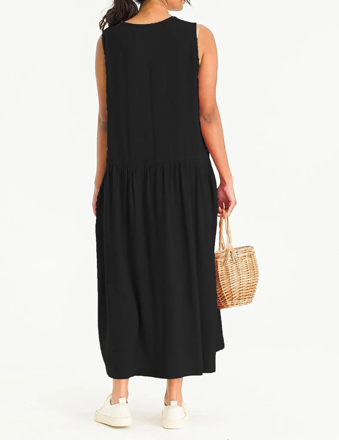 Bozanly Summer Sleeveless Maxi Dress for Women Button Down Midi Dresses with Pockets Solid Color Loose Flowy Beach Dress