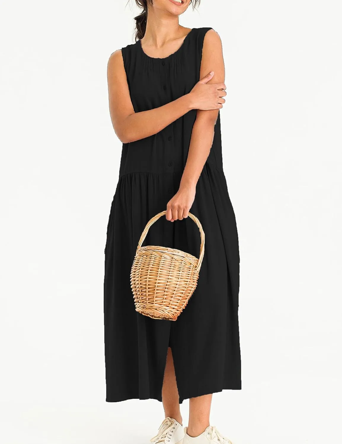 Bozanly Summer Sleeveless Maxi Dress for Women Button Down Midi Dresses with Pockets Solid Color Loose Flowy Beach Dress