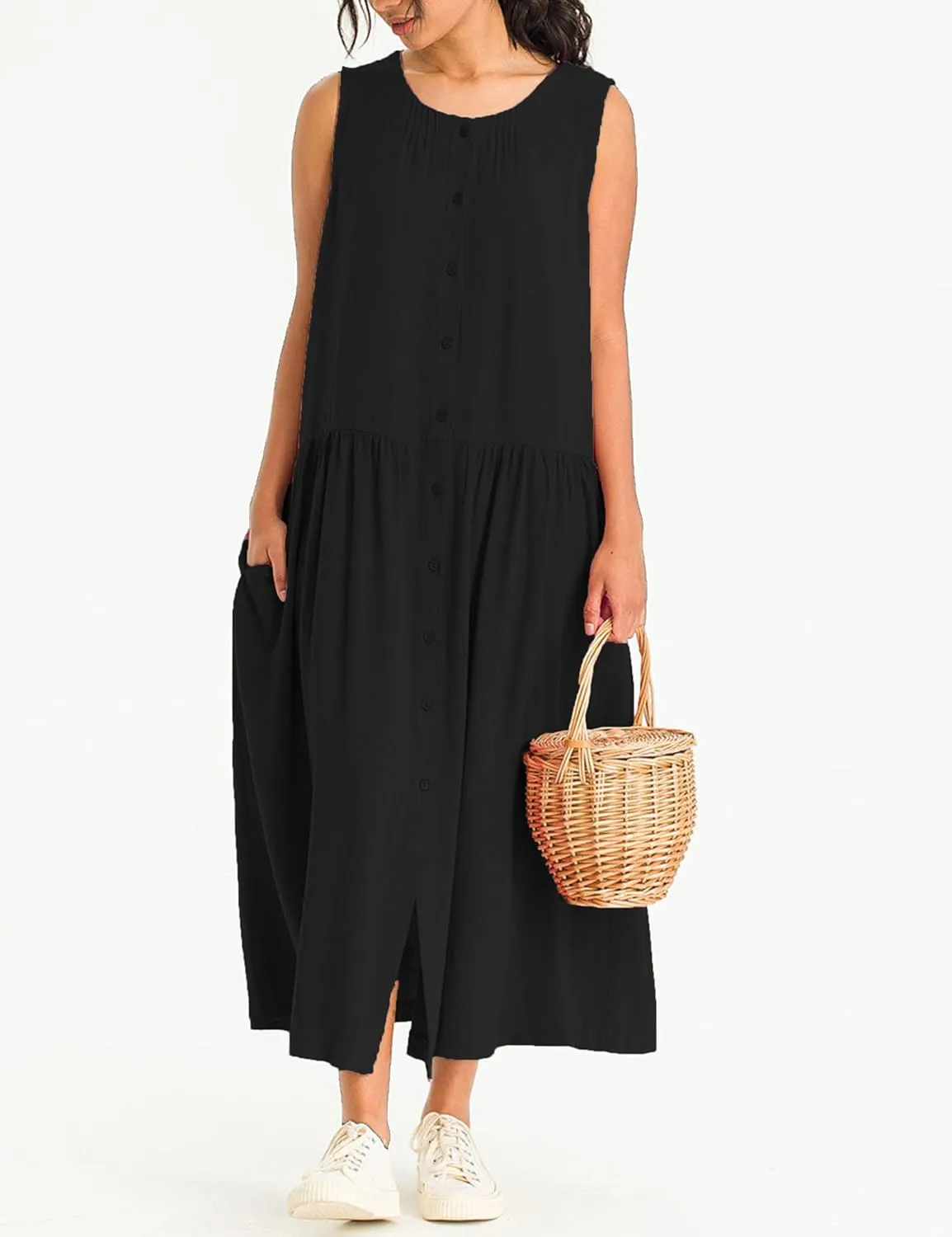 Bozanly Summer Sleeveless Maxi Dress for Women Button Down Midi Dresses with Pockets Solid Color Loose Flowy Beach Dress