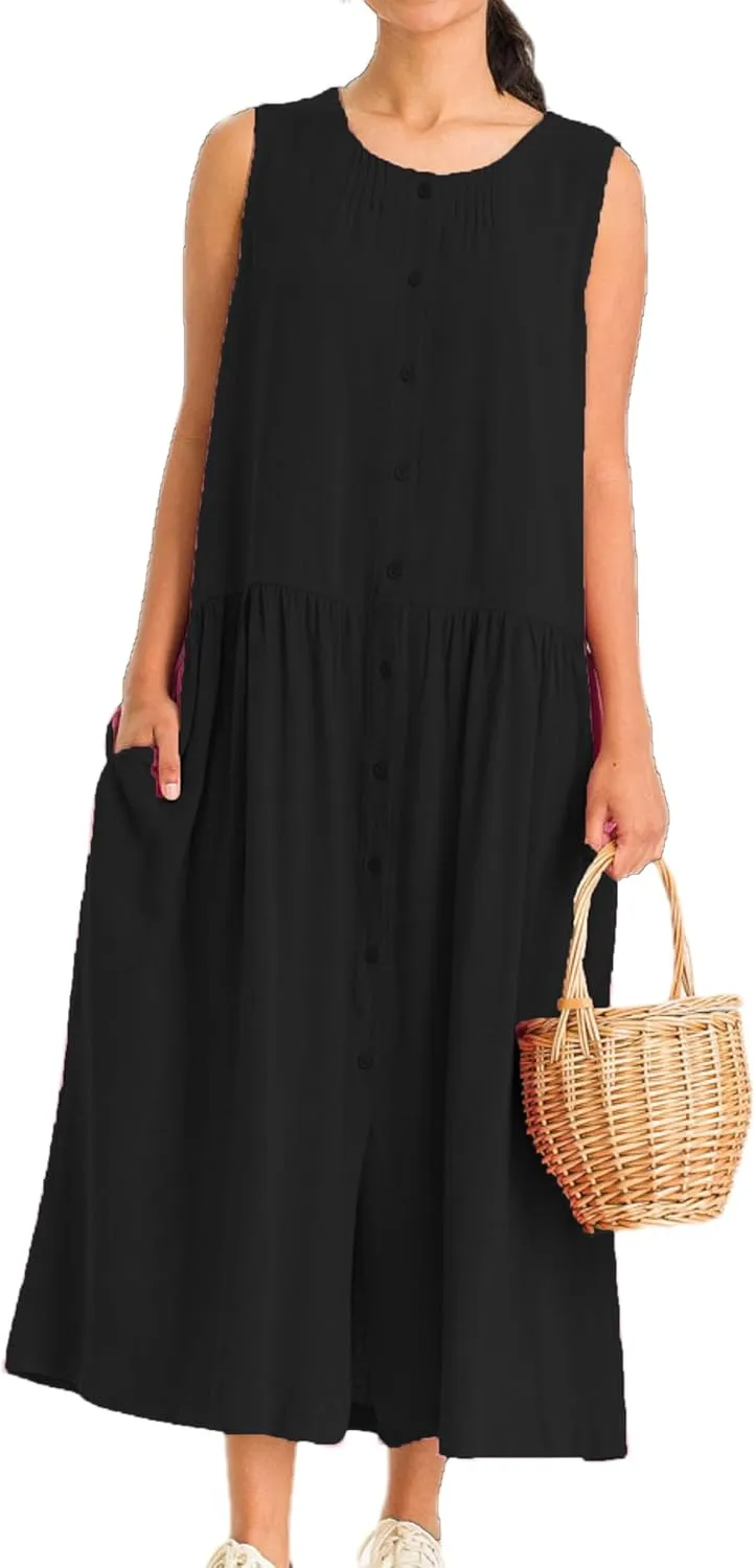 Bozanly Summer Sleeveless Maxi Dress for Women Button Down Midi Dresses with Pockets Solid Color Loose Flowy Beach Dress