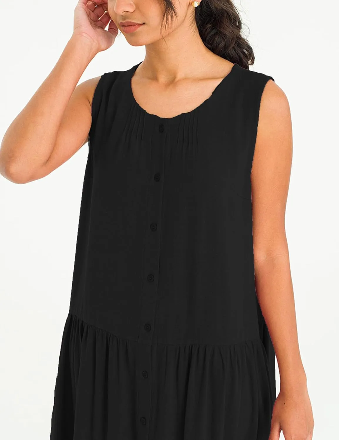 Bozanly Summer Sleeveless Maxi Dress for Women Button Down Midi Dresses with Pockets Solid Color Loose Flowy Beach Dress