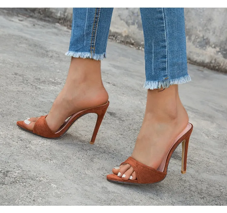 Brown Pointed Toe Stiletto Mules