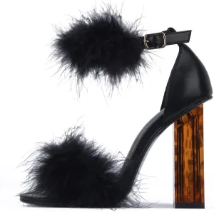 Cape Robbin Antisocial Sexy Chunky Block High Heels for Women, Transparent Strappy Open Toe Shoes Heels with Feathers