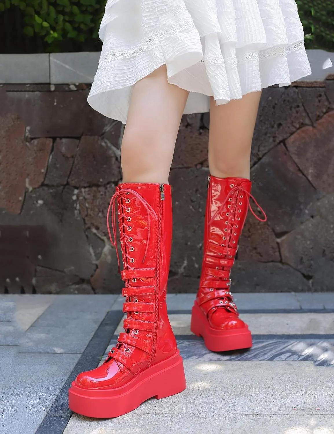 Ciuyurra Women Platform Boots Wedge Heels Punk Knee Boots