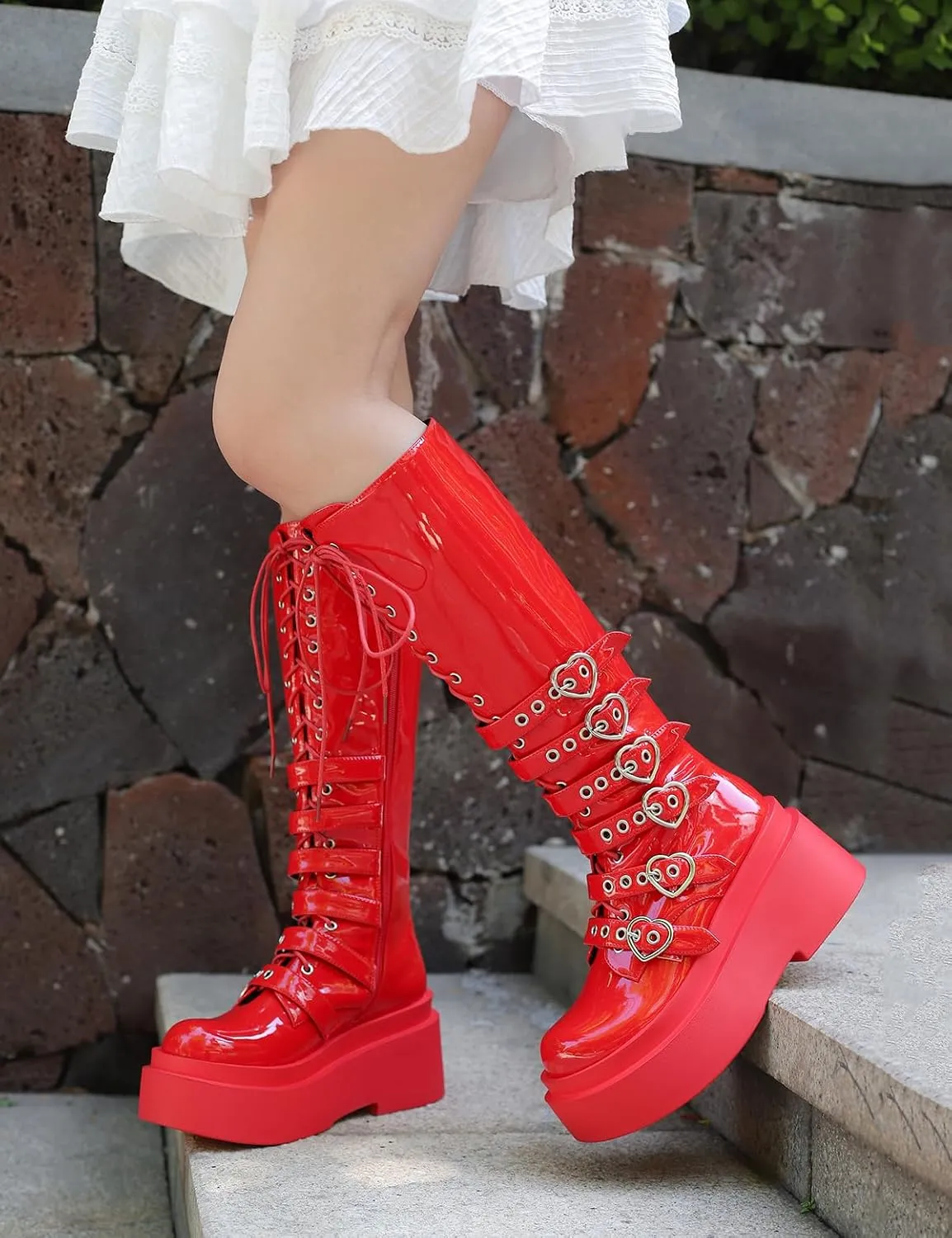 Ciuyurra Women Platform Boots Wedge Heels Punk Knee Boots