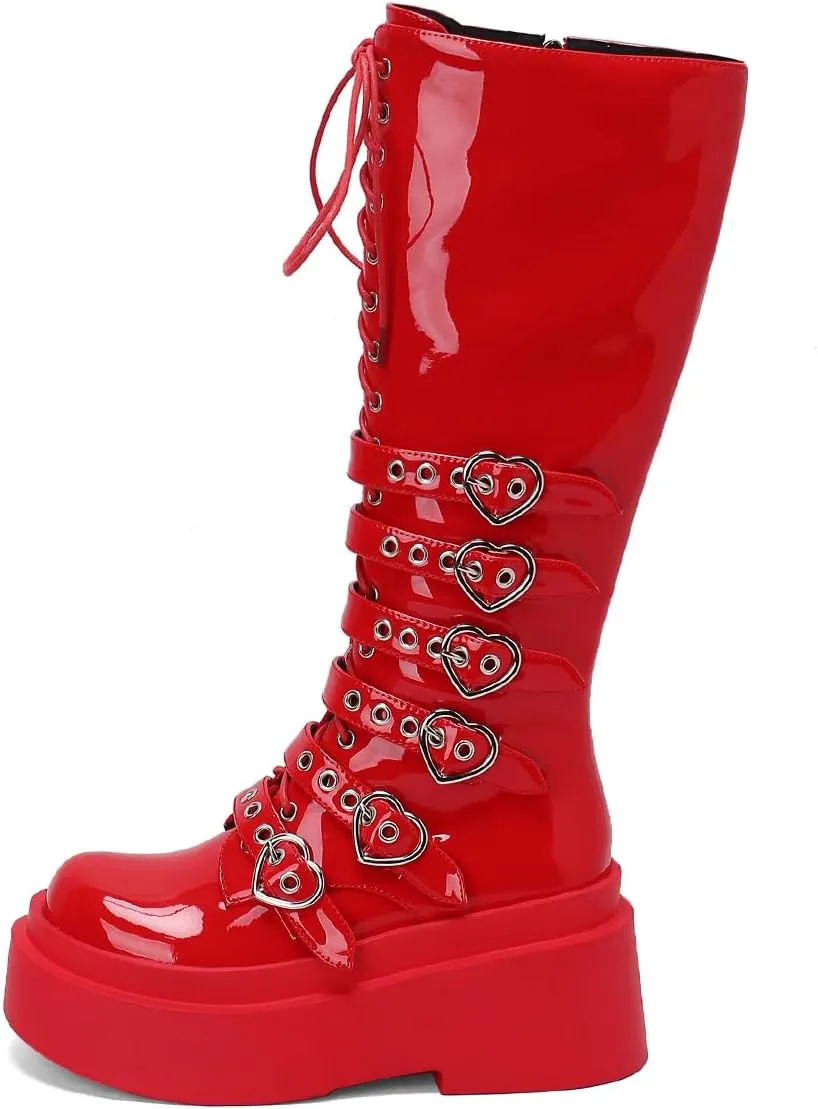 Ciuyurra Women Platform Boots Wedge Heels Punk Knee Boots