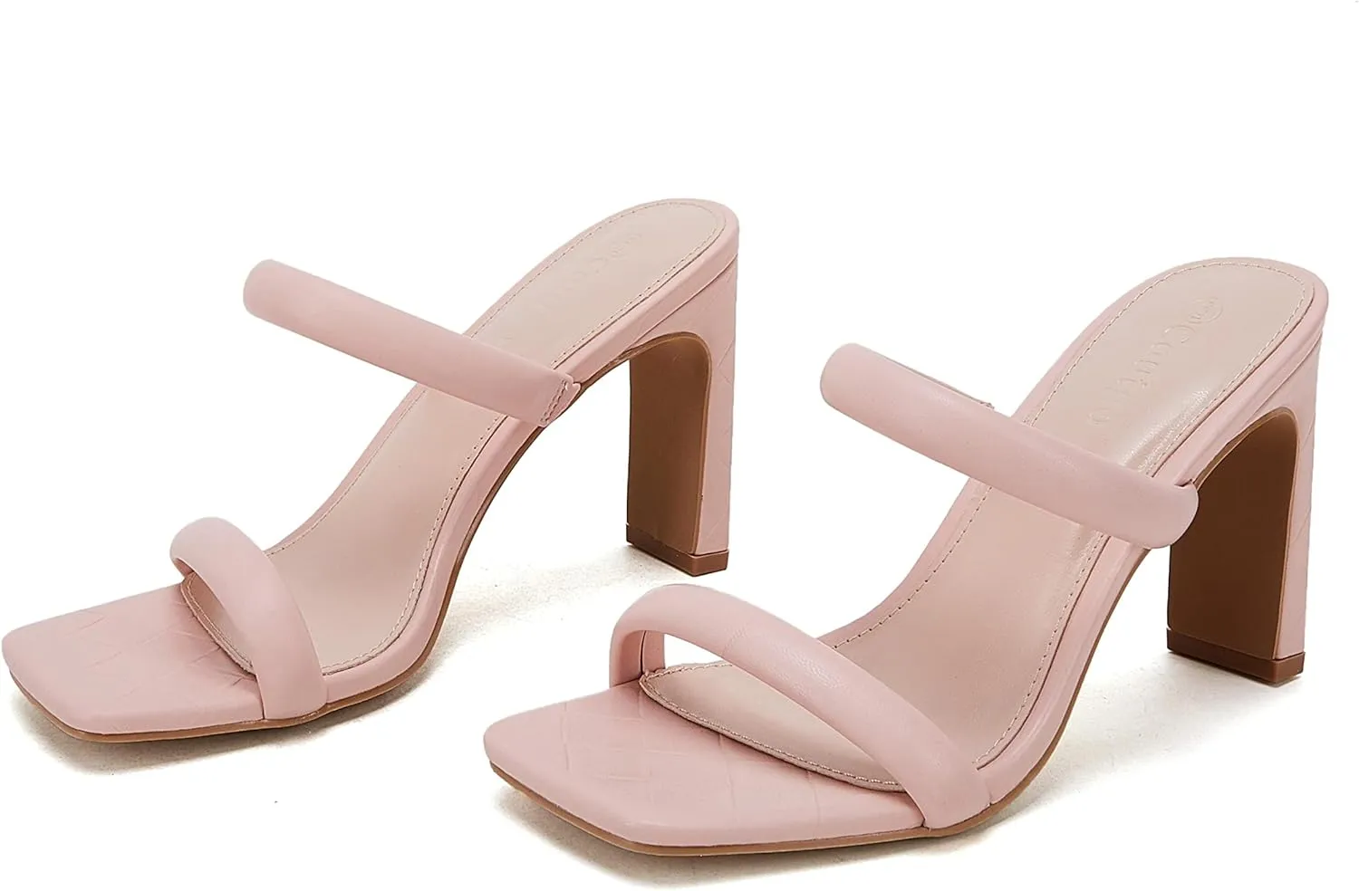 Coutgo Womens Square Open Toe Heeled Sandals Two Strap High Heel Backless Dress Slip On Mules