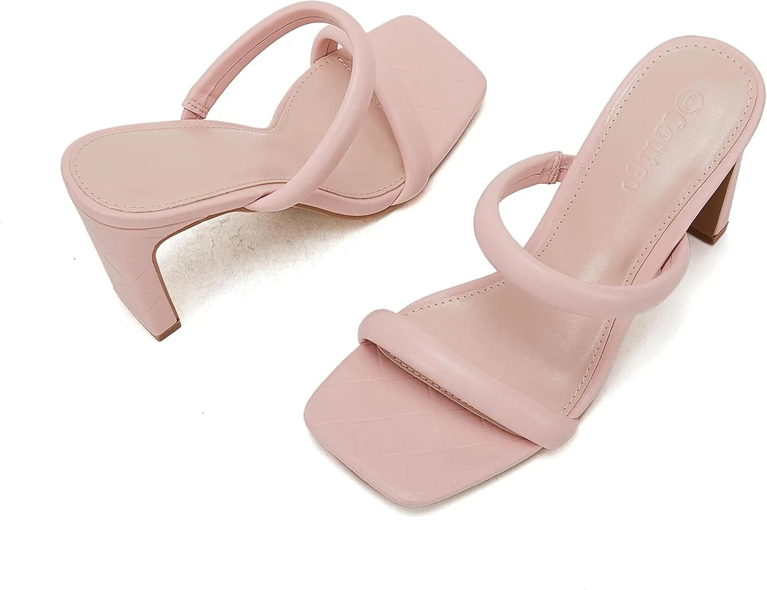 Coutgo Womens Square Open Toe Heeled Sandals Two Strap High Heel Backless Dress Slip On Mules
