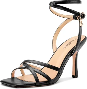 DearOnly Womens Lace up Heels Stiletto High Heeled Sandals Square Open Toe Strappy Heels Prom Party Dress 3.5 Inches Heels
